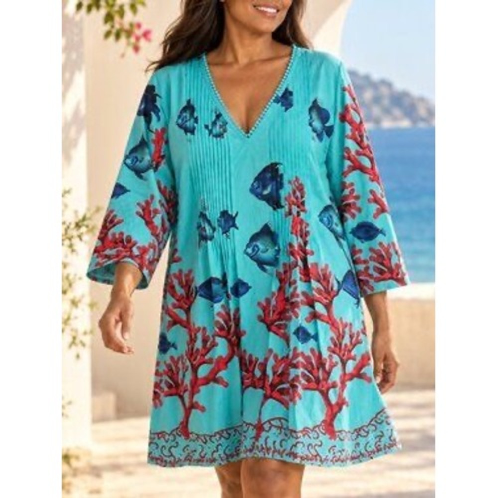 Soft Surroundings Aqua Coral Fish Print Cotton Tunic Dress Pom Trim 2AN69 Small
